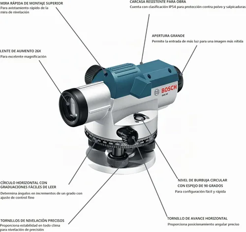 Vista 2 de BOSCH GOL26, nivel óptico automático 26X, incluye plomada, kit de herramientas y estuche de transporte