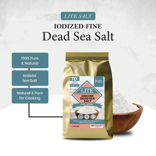 Vista 3 de Pacific Pelican Sal Lite del Mar Muerto 70% yodada, grano fino, Kosher, natural yodada, sal baja en sodio para cocinar, condimentar y hornear