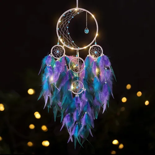 Vista 8 de KHOYIME Atrapasueños LED con luz de medio círculo con luna, luces, plumas hechas a mano, atrapasueños para dormitorio, decoración bohemia