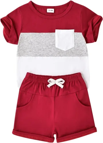 Vista 54 de Ropa para bebé niño pequeño, trajes de verano de manga corta, camiseta de retazos y pantalón con bolsillo, conjunto de 2 piezas, 12 meses a 4 años
