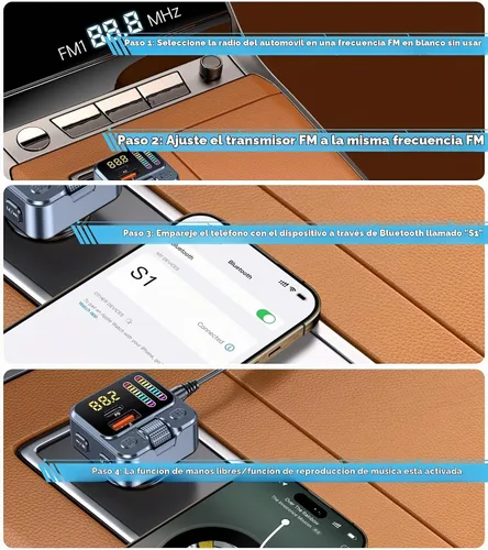 Vista 9 de Adaptador de coche Bluetooth 5.3 con transmisor FM 42W PD carga rápida Bluetooth AUX USB Music Receiver HandsFree Calls, Beat Sync LED Lights for