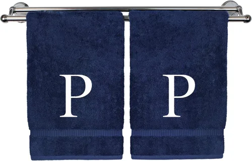 Vista 123 de Toalla de mano monogramada, regalo personalizado, juego de 2 - Toalla bordada con letra de bloque dorada - Extra absorbente 100% algodón turco