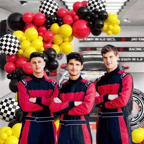 Vista 6 de Kit de arco de globos de auto de carreras de 132 piezas, decoraciones de fiesta con globos rojos, negros y amarillos, globos de rueda a cuadros