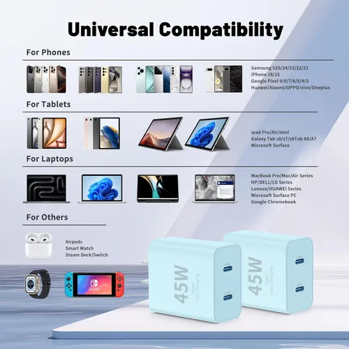 Vista 7 de QZIIW Cargador Samsung súper rápido tipo C, bloque de cargador rápido USB C de 45 W de doble puerto [paquete de 2] y cable USB C extralargo de 60 W