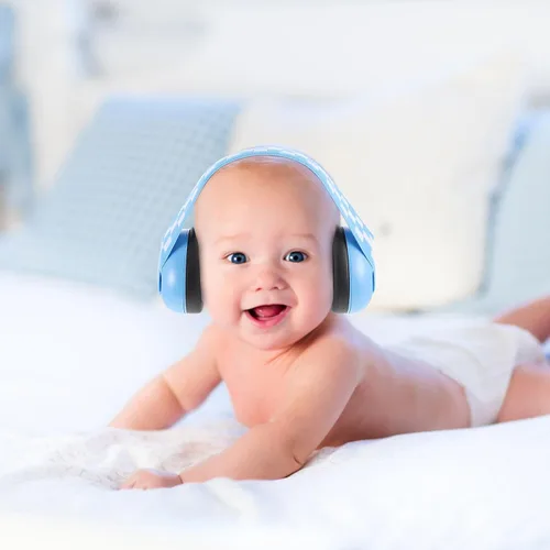 Vista 6 de Orejeras con cancelación de ruido para bebés con banda elástica ajustable, auriculares protectores azules para protección auditiva y reducción