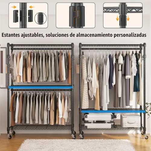 Vista 6 de BATHWA Perchero resistente con ruedas, perchero de 640 libras y perchero para ropa, armario portátil independiente de metal de 0.984 in, 2 varillas