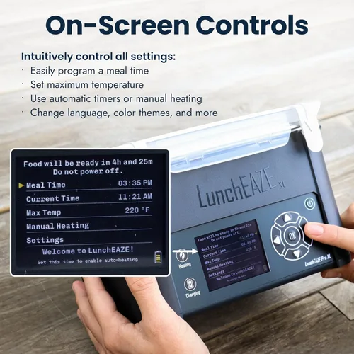Vista 7 de LunchEAZE XL Lonchera Calentada Eléctrica y Sin Cable – Alimentada por Batería, Capacidad de 6 Tazas, 104°C, Calentamiento Programado Automático