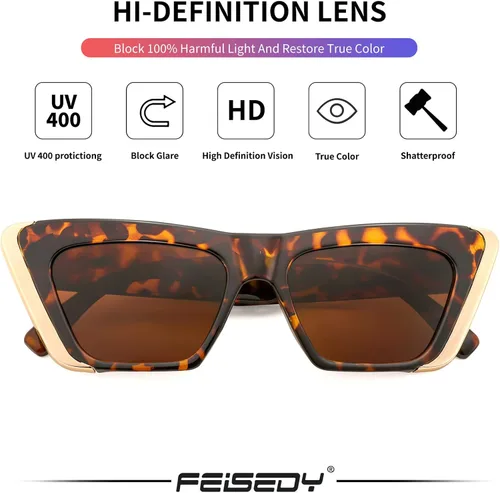 Vista 5 de FEISEDY Gafas de sol retro para mujeres y hombres, estilo vintage, ojo de gato, a la moda, de metal, cuadrados, de los años 70, montura clásica
