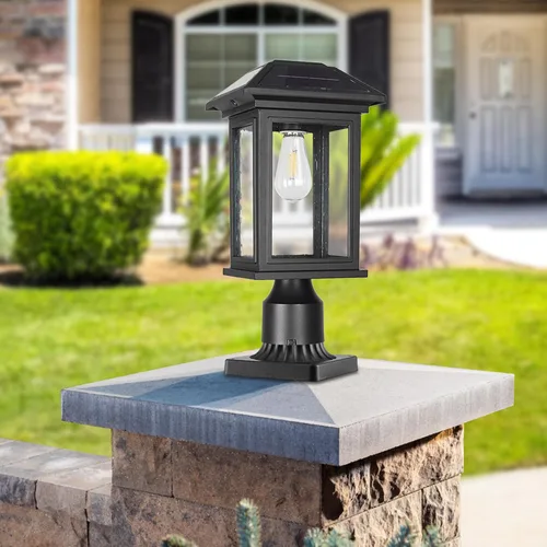 Vista 6 de Luces de poste solares para exteriores, lámparas de poste negro impermeables y antioxidantes con vidrio transparente, lámpara LED alimentada por