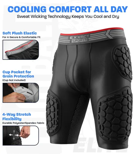 Vista 2 de Exxact Sports Elite - Faja de fútbol para adultos con 5 almohadillas para hombres con bolsillo para tazas, pantalones cortos de compresión