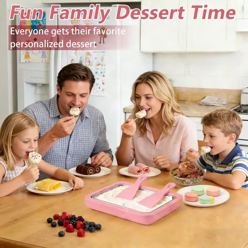 Vista 5 de Máquina de helados enrollada con bandeja, 2 raspadores, 2 moldes y clip, máquina de helado instantánea para reuniones familiares (rosa)