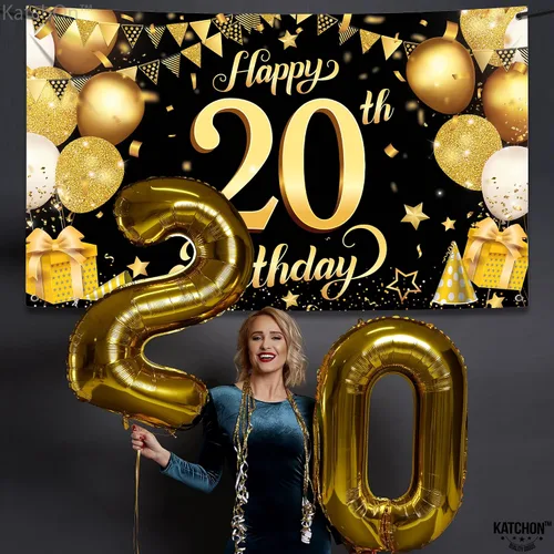 Vista 7 de KatchOn, Cartel de feliz cumpleaños número 20 negro y dorado – Grande, 72 x 44 pulgadas Cartel de 20 cumpleaños Saludos a los 20 años