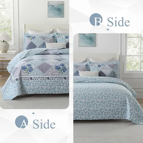 Vista 3 de DDUOXIN Colcha floral extragrande tamaño King de 128 x 120 pulgadas, edredón reversible de 100 % algodón con 2 fundas de almohada, cubrecamas de Azul
