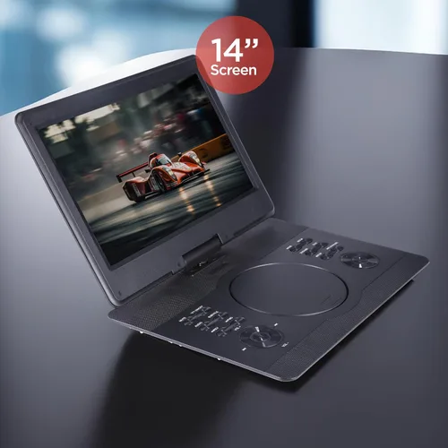 Vista 6 de Aiwa - 14" Portable Media Player Travel Kit, DVD & CD Player Portable with Swiveling Screen, Built-in Stereo Speakers, HDMI Input, Remote Black
