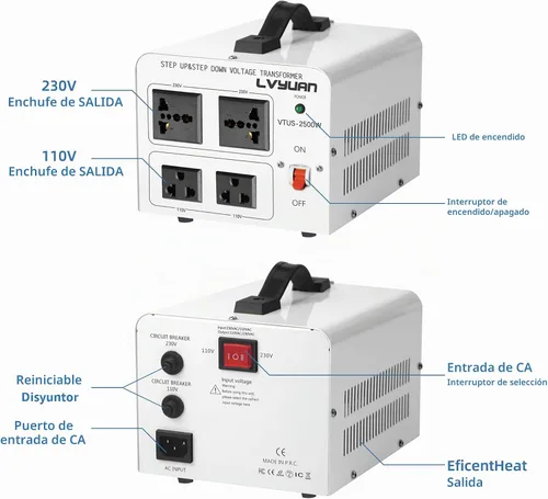 Vista 3 de LVYUAN - Transformador de voltaje de 2500 W elevador y descendente de 110/120 V a 220/240 V 4 multi-socket(2US+2Universal), resettable MCB