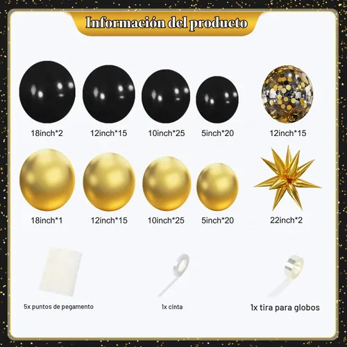 Vista 4 de Kit de Arco de Guirnalda de Globos Negros y Dorados, 140 Piezas de Globos de Confeti Negros y Dorados con Estrellas para Cumpleaños, Graduación, Año