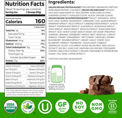 Vista 2 de Orgain proteína orgánica a base de plantas + polvo de superalimentos