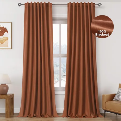 Vista 14 de Nanspring Cortinas de lino 100% opacas para dormitorio, 96 pulgadas de largo, con pestaña trasera, bolsillo para barra, aislamiento térmico, cortina