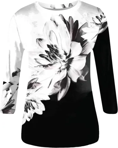 Vista 2 de Camisas de manga 34 para mujer, blusas casuales para mujer, blusas de verano con cuello redondo, estampado a la moda, holgadas