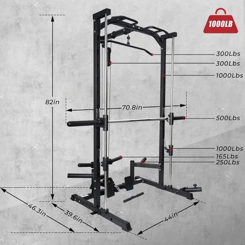 Vista 3 de RitFit Smith - Estante de potencia para máquina con sistema LAT-Pull Down, minas terrestres, barra de barra, clavijas de almacenamiento de placas