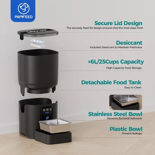 Vista 8 de PAPIFEED Comedero automático para gatos con cámara, 1080P HD y visión nocturna, dispensador de comida para gatos de 6 litros con aplicación