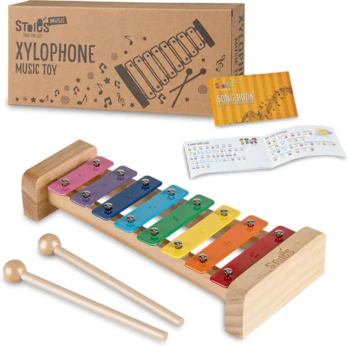 Vista 10 de Stoie's Xilófono de madera para niños y bebés, diseño amigable para niños, xilófono de 8 notas con colores de alegría afinado en C-Key con mazos