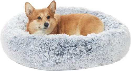Vista 30 de Bedfolks Cama calmante en forma de dona, camas redondas y esponjosas de 23 pulgadas para perros pequeños, lavable a máquina, antiansiedad, cama