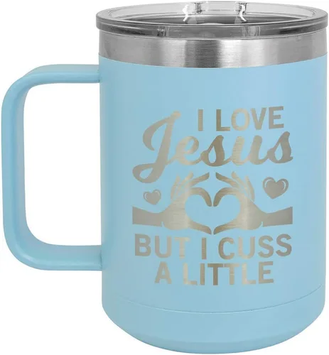 Vista 10 de Taza de café con tapa abatible, diseño con texto "I love Jesus but I CUSS A LITTLE 15 oz con tapa superior taza de café de viaje aislado Ideas