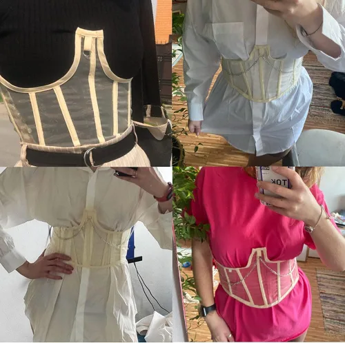 Vista 4 de JUMISEE Corsé de malla transparente para mujer, con cordones, cadena de metal, con huesos, cinturón ancho