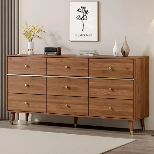 Vista 8 de Chrangmay Cómoda de 9 cajones, cómoda moderna de mediados de siglo de 63 pulgadas de ancho, cómoda de madera con 9 cajones de almacenamiento