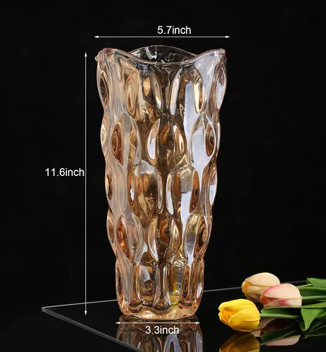 Vista 2 de Jarrón de cristal ámbar, cilíndrico grueso, estilo bohemio moderno, florero decorativo hecho a mano para centro de mesa, mesa de comedor, boda