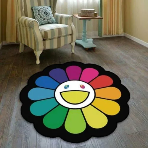 Vista 13 de 100x100cm (40x40 pulgadas) Alfombra de Takashi Murakami con diseño de flores, material suave y duradero para decoración del hogar y uso en la 02