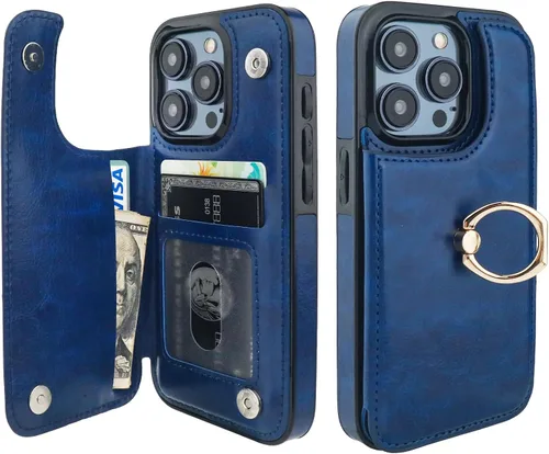 Vista 14 de ONETOP - Funda tipo cartera para iPhone 15 Pro con soporte para tarjetas, anillo de rotación de 360°, bloqueo RFID, piel sintética, doble cierre