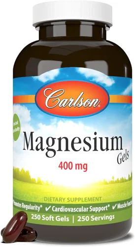 Vista 10 de Carlson - Geles de magnesio, 400 mg de magnesio por cápsula blanda, soporte cardíaco y muscular, cápsulas de gel de magnesio, función intestinal