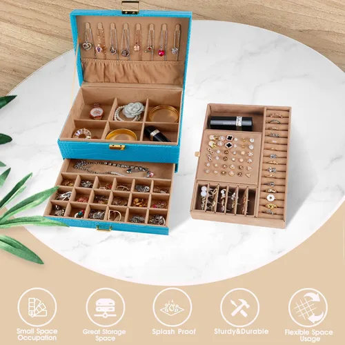 Vista 3 de Gifturbo Caja organizadora de joyas para mujeres y niñas, cajas de joyería de piel sintética azul, 3 capas de joyería, caja de regalo para pulseras