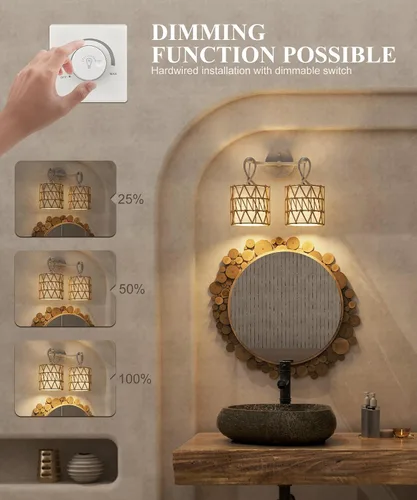 Vista 7 de N12-3 Aplique de pared de ratán bohemio de dos luces, accesorios de tocador para espejo, pantalla tejida en cruz y lámpara de pared cableada