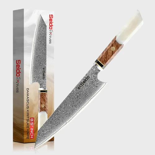 Vista 8 de Seido Knives Kiritsuke - Cuchillo de chef de acero Damasco, mango de madera estabilizado con resina epoxi, cuchillo de cocina profesional VG10