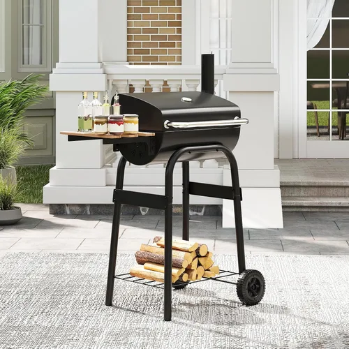 Vista 2 de Happygrill Barrel Charcoal Grill con mesa auxiliar plegable y 2 ruedas