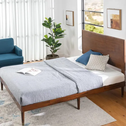 Vista 8 de Zinus Deluxe cama de madera estilo de medio siglo con cabecero, sin necesidad de colchon de resortes, Pino, Marrón