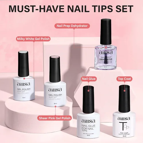 Vista 2 de AILLSA Kit de uñas almendra con lámpara UV, 240 piezas de puntas de uñas cortas de gel y kit de pegamento en gel con pegamento de uñas 2 en 1, capa