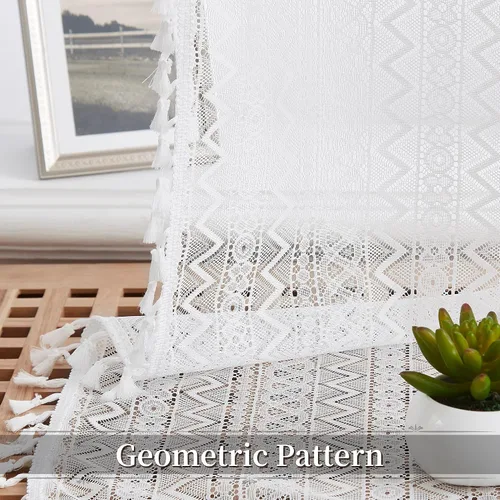 Vista 4 de ZJDECOR Cortinas traslúcidas de encaje blanco de 84 pulgadas de largo, cortinas bohemias con patrón geométrico con borlas, juego de 2 paneles