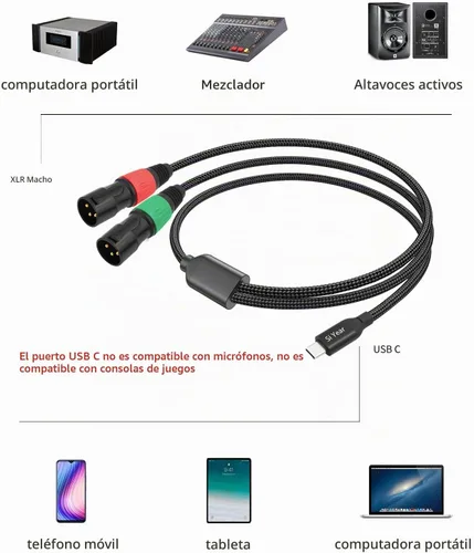 Vista 4 de USB C a doble XLR macho cable de audio, adaptador tipo C a 2 XLR macho cable de amplificador de potencia estéreo para conectar smartphones USB C a