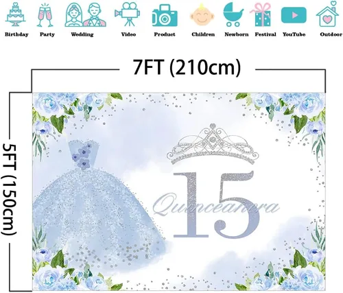 Vista 4 de Mocsicka Telón de fondo de cumpleaños de quinceañera para niña, decoración de fiesta de cumpleaños con diseño floral azul de 15 años, fondo