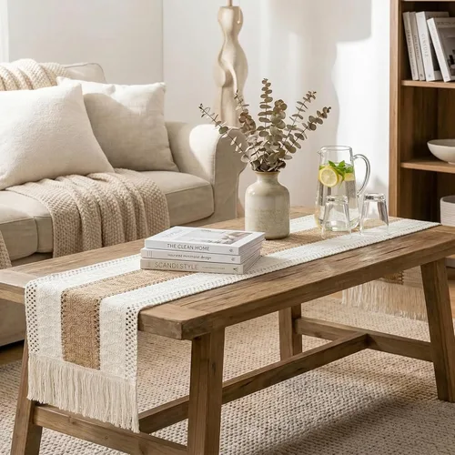 Vista 4 de OurWarm Camino de mesa de macramé estilo granja, camino de mesa bohemio de arpillera natural, decoración de granja moderna, algodón rústico tejido