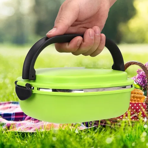 Vista 9 de Lonchera con aislamiento de acero inoxidable, contenedor de alimentos para picnic al aire libre, cuadrado verde, doble capa (1 nivel)