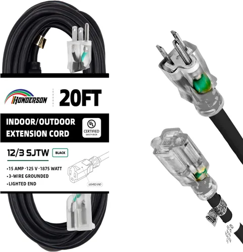 Vista 8 de Cable de Extensión HONDERSON con Extremo Iluminado, Certificado UL, Calibre 10, 1 Pie, Negro, 3 Puntas, Resistente, 10/3 SJTW, 15A, Cable de Energía