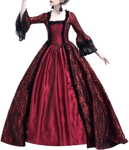 Vista 4 de Ladies Halloween Lace Panel Big Bell Sleeve Medieval Court Retro Cosplay Performance Costume Dress