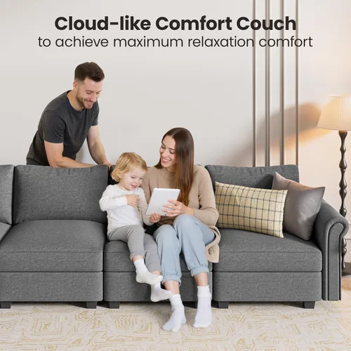 Vista 6 de Moderno sofá modular de 9 plazas, sofá cama convertible en forma de U con almacenamiento, tela de lino sin brazos en forma de L para sala de estar