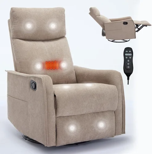 Vista 18 de Silla reclinable giratoria, sillón giratorio para sala de estar, silla reclinable deslizante con calor y masaje, color beige