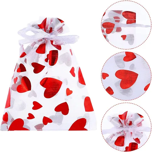 Vista 4 de SIROGOGO 50 bolsas de organza para el día de San Valentín, bolsas de dulces de corazón rojo, bolsas de joyería, bolsas con cordón para embalaje